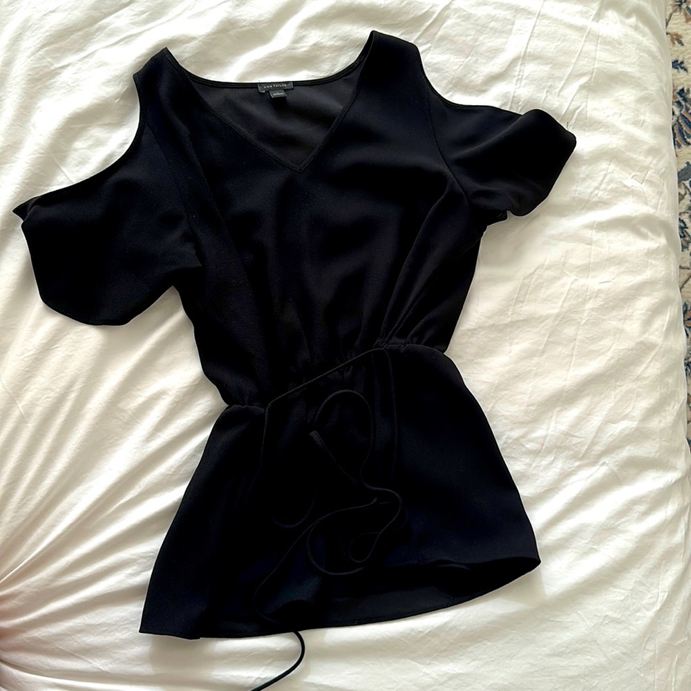 Black blouse from Ann Taylor with shoulder cuts and waist tie